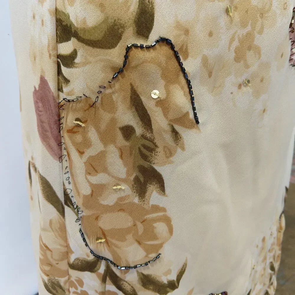 Vintage Y2K Floral Print Bias Cut Maxi Dress Size M Flutter Sleeve Ivory V Neck
